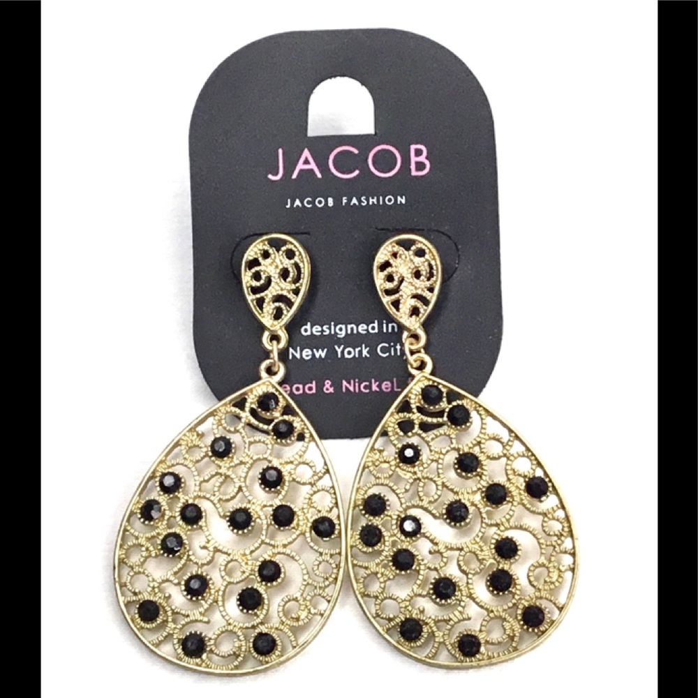 💎Jacob Signed Gold Tone Teardrop Rhinestone Earrings Vintage Designer